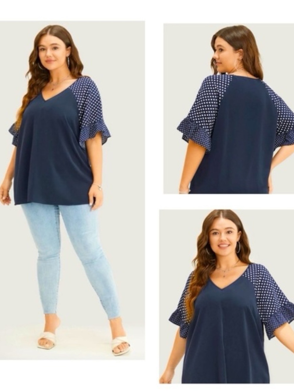 BloomChic 3X Navy Polka Dot Sheer Sleeve V-Neck Blouse Tunic Plus Size 22/24